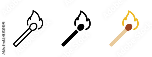 Burning match icon set in outline, solid and color styles. Minimal vector symbols for fire, flame, ignition, heat, camping, survival, danger, safety and emergency concepts.
