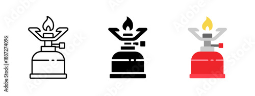 Portable camping gas burner icon set in outline, solid and color styles. Minimal vector symbols for outdoor cooking, stove equipment, fire, fuel canister, hiking, travel and survival use.