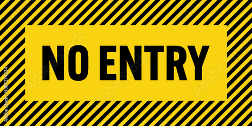 Warning sign with yellow and black diagonal lines. Attention, danger or caution symbol. Construction site signage, road safety notice, hazard banner, security alert shield. Vector illustration