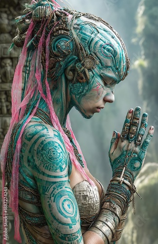Ancient Contemplation: A woman, adorned with intricate body art and ancient attire, finds solace in quiet contemplation, set against a backdrop of weathered architecture.