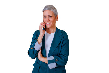 Professional woman communicating on smartphone, standing with a confident smile, having a business conversation on transparent background
