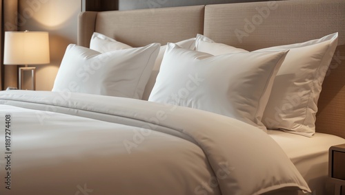 Wallpaper Mural Clean Bedding sheets and pillow on natural wall room background. White bedding and pillow in hotel room. White pillows on empty bed Torontodigital.ca