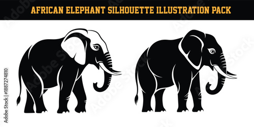 African elephant silhouettes with white details on white background  two black elephant illustrations side by side