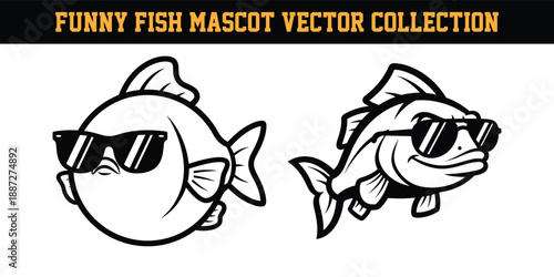 Funny fish mascot vector collection with sunglasses on white background