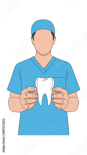 Dentist holding a tooth in hands wearing scrubs in a clinical setting  