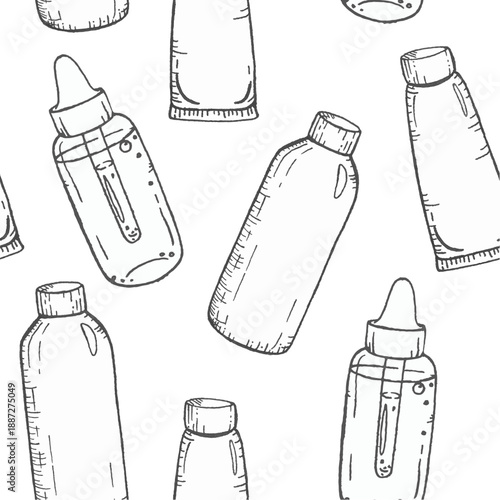 Ink drawing seamless pattern cosmetic bottles and spa accessories graphic line art, hand drawn wellness elements for beauty branding, skincare packaging, wrapping paper or surface design.