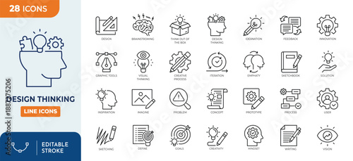 Design Thinking line editable icon set. Contain icons related to design, thinking, ideation, brainstorm, creativity, prototype, innovation, research, and more. Editable stroke. Vector illustration