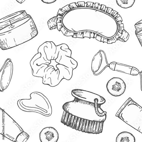 Ink illustration seamless pattern with cosmetic jars, massage roller, body brush, soap, scrub and eye mask, graphic line art for wellness branding, beauty packaging or textile design.