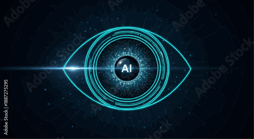 Glowing blue eye with ai symbol and circuit lines on dark background