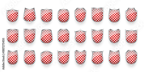 Glossy shields with red and black white. Security and protection concept. Cyber safety icons, internet privacy, web defense, digital data protection and antivirus themes. Vector illustration