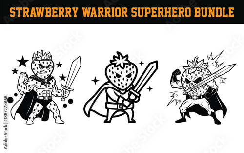 Strawberry warrior superhero bundle with swords and capes in black and white illustrations