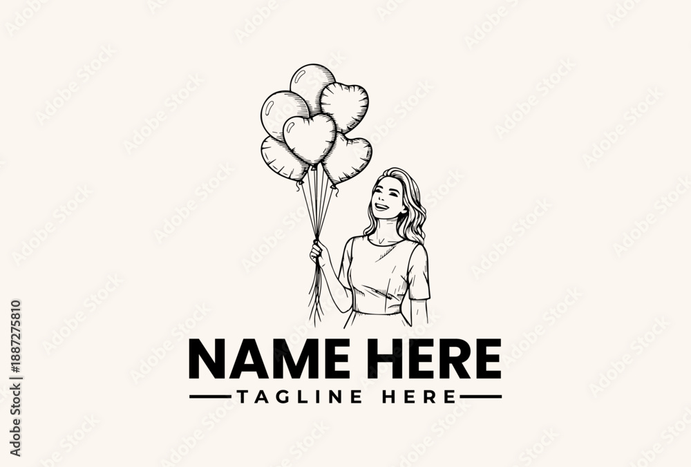 Obraz premium A woman holding heart-shaped balloons with a logo and text placeholder in a simple, line-drawn illustration on a beige background.