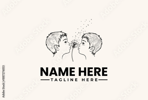 Black and white illustration of two faces sharing a secret with a logo template on a clean background, featuring a vector graphic design with an icon and pictogram elements.