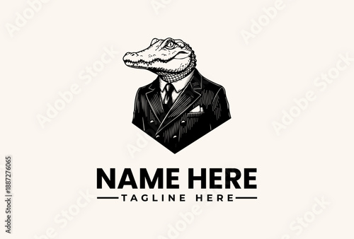 A black and white illustration of a crocodile head on a suited torso with a tie and pocket square, forming a logo with placeholder text on a beige background.
