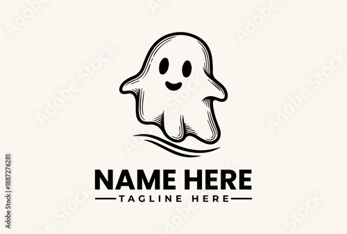 A simple black and white illustration of a smiling ghost character with a customizable name and tagline on a plain background, featuring a logo and vector graphics.