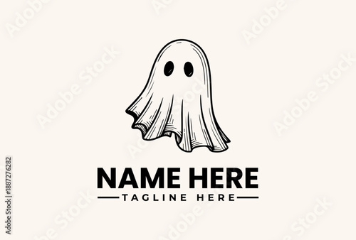 A simple black and white ghost logo with placeholder text on a beige background, featuring a vector illustration style with a clean and minimalist design.