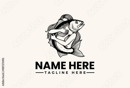 A black and white illustration of a woman hugging a fish, with a placeholder text for 'NAME HERE' and 'TAGLINE HERE' in a simple, iconic logo design on a beige background.