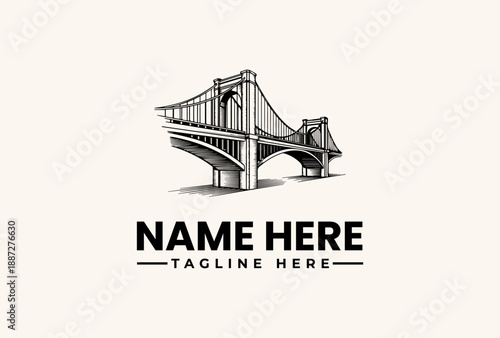Black and white illustration of a suspension bridge with a placeholder name and tagline in a clean, minimalist design on a beige background.