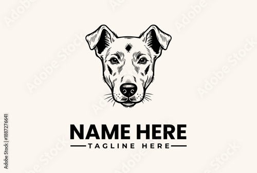 A black and white illustration of a dog's head with a placeholder text for a logo or brand name on a plain background, featuring a vector graphic design with an icon and pictogram elements.