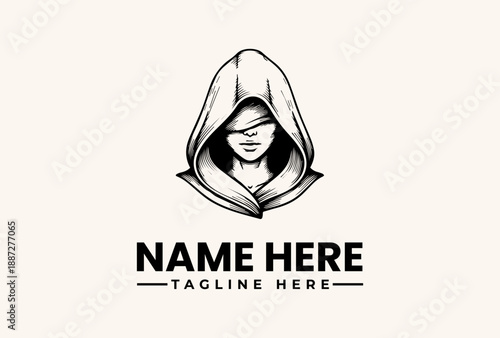 A minimalist illustration of a hooded figure with a blindfold, accompanied by placeholder text for a name and tagline on a clean background, in a simple vector style.