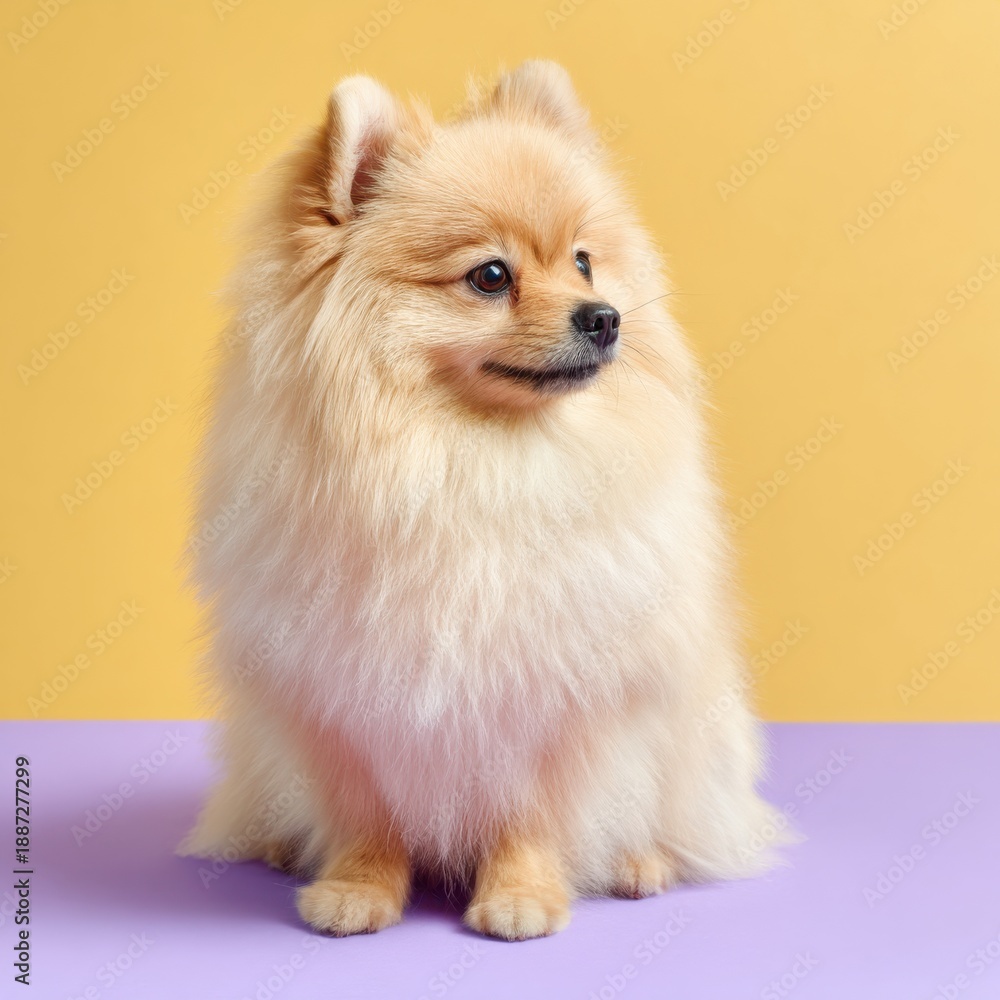 Obraz premium pomeranian sitting quietly, clean pastel background, copy-friendly