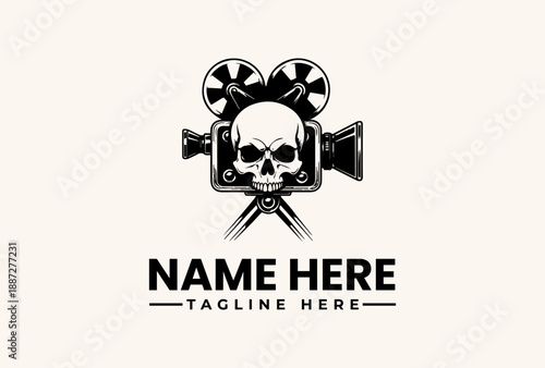 A black and white vector illustration of a skull with a film camera and movie reels on a beige background with space for a logo and tagline.