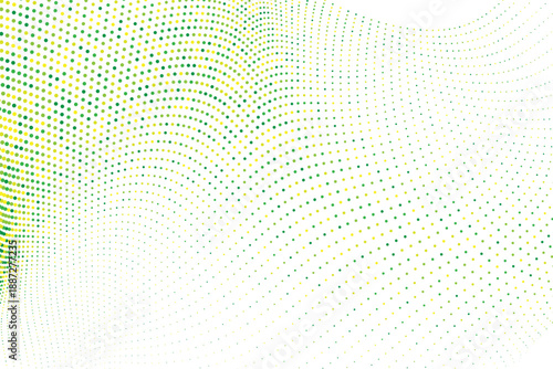 Abstract green and yellow halftone dots wave on white background, vibrant digital particle blend for technology concept, colorful energy flow, modern geometric design vector art