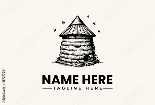A black and white illustration of a beehive with a conical roof and a tagline space, featuring a simple vector logo design with a bee flying around it on a plain background.