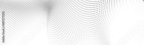 Abstract black halftone wave with smooth flowing dotted curves, clean white background particle design for modern technology concepts, data visualization and minimal branding