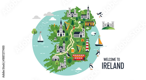 Whimsical Vector Map of Ireland with Iconic Landmarks