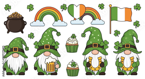 Charming St. Patrick's Day Gnomes and Symbols Vector Sticker Pack