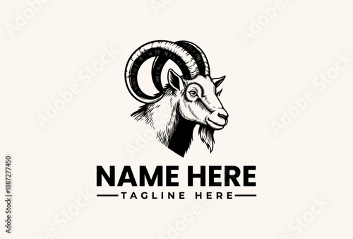 Black and white illustration of a goat's head with curved horns and a placeholder text for a logo or brand name on a beige background.