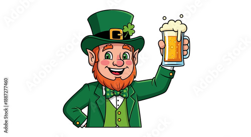 Cheerful Leprechaun Holding a Pint of Beer Vector Illustration