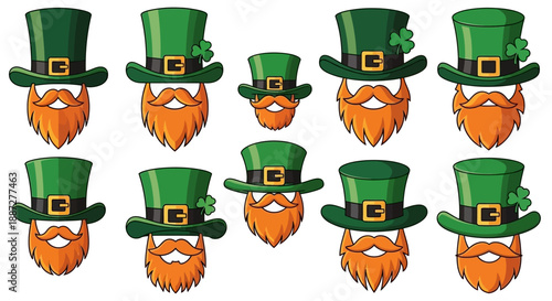 A collection of cartoon leprechauns wearing green hats with shamrocks and orange beards, arranged in two rows against a white background.