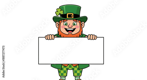 Smiling Leprechaun Holding Blank Sign Vector Illustration
