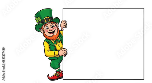 Smiling Leprechaun Peeking Around Blank Sign Vector Illustration