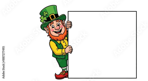 Smiling Leprechaun Peeking Around Blank Sign Vector Illustration