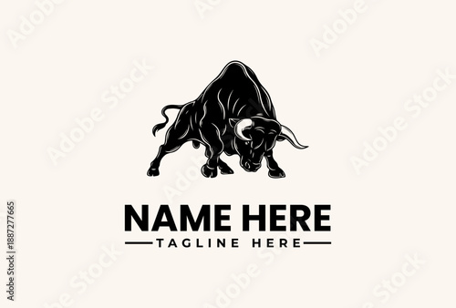 A black bull illustration with a bold design, featuring a logo and placeholder text on a clean white background, ideal for a business icon or pictogram logo.