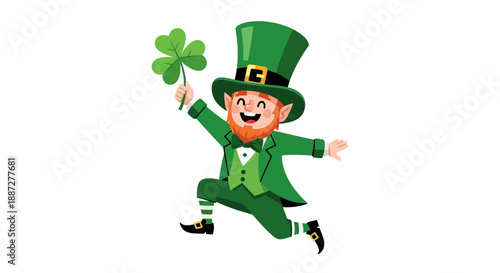 Jumping Leprechaun with Clover Vector Illustration