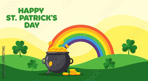 St. Patrick's Day Pot of Gold Vector Illustration with Rainbow and Shamrocks
