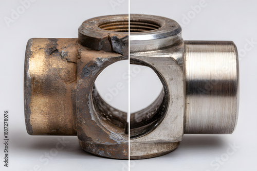 Comparison of a worn metal pipe fitting and a new one showing the effects of wear and repair over time
