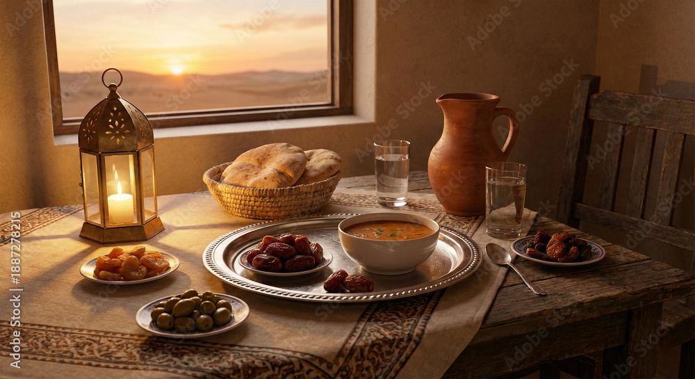 Fototapeta premium Warm Iftar Table With Lantern Under Desert Sunset