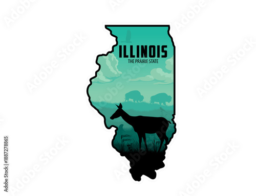vector Illinois sticker design with white-tailed deer, bisons, scissor-tailed Flycatcher, Prairie dog and eagle in grassland prarie	