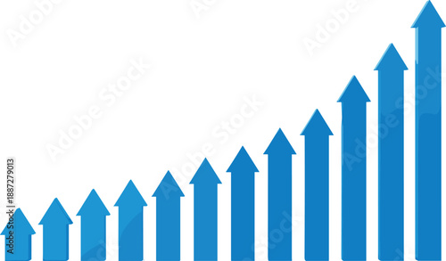 A series of blue arrows pointing upwards in a graph-like formation illustrating growth and progress from a straightforward perspective