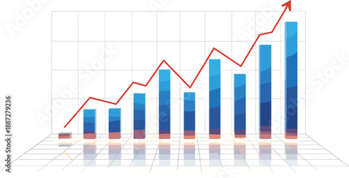 A 3D bar graph with a red arrow trending upwards on a grid surface illustrating growth and statistics