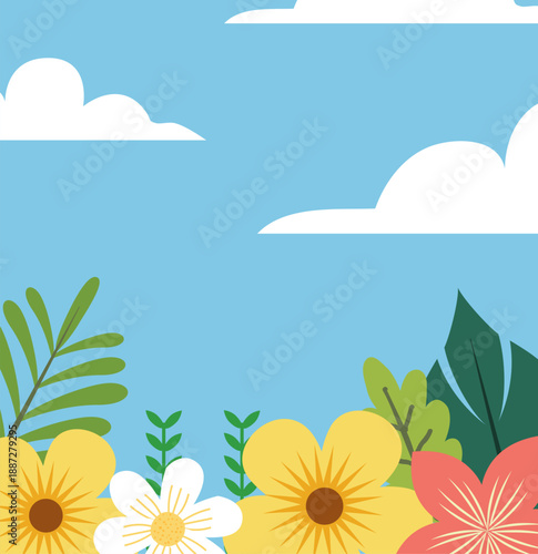 Spring Background. Spring season background. Cartoon Vector illustration design for Poster, Banner, Flyer, Greeting, Card, Cover, Post, Promotion. beautiful and colorful plants, leaves and flowers.

