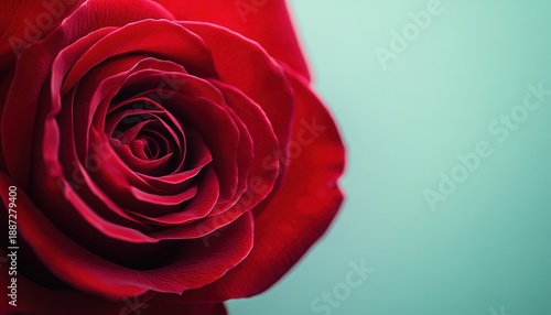 Deep crimson rose blossom shows intricate spiral petal layers against a soft teal background