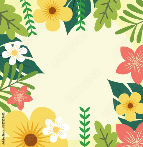 Spring Background. Spring season background. Cartoon Vector illustration design for Poster, Banner, Flyer, Greeting, Card, Cover, Post, Promotion. beautiful and colorful plants, leaves and flowers.
