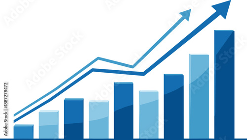 A blue bar graph with an upward trend arrow illustrating business growth and success from a straightforward viewpoint