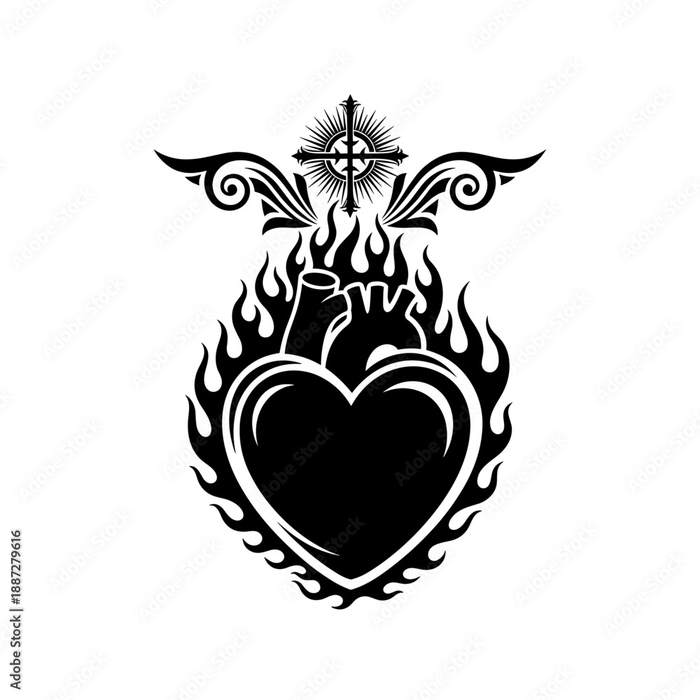 Obraz premium Flaming Heart Tattoo Style Graphic Design.